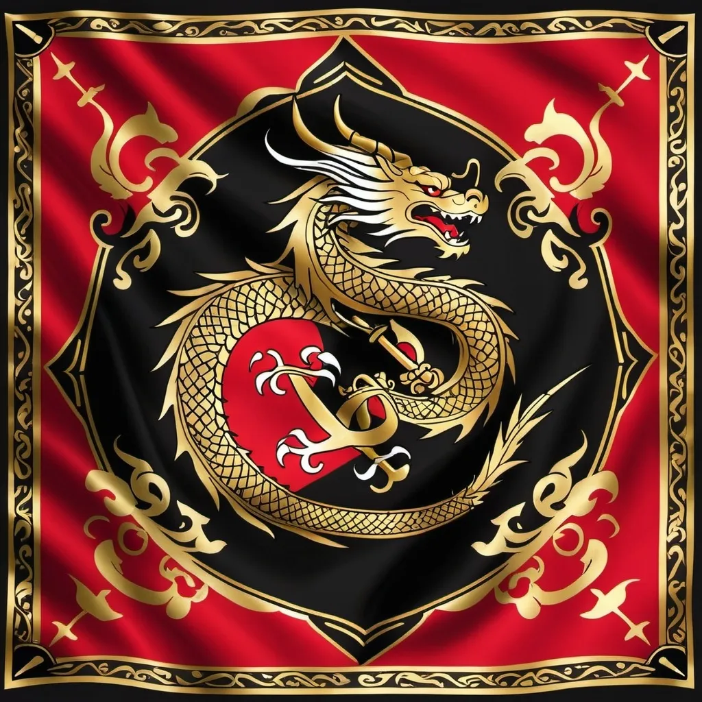 Prompt: A pirate flag for a fantasy setting featuring a stylized Asian dragon in addition to pirate motifs. Red, gold, and black.