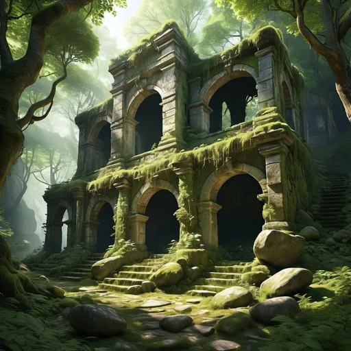 Prompt: Crumbling stone ruins overgrown by forest, crumbling ruins, broken stone, trees, undergrowth, hilly terrain, rocks, boulders, shady forest, fantasy