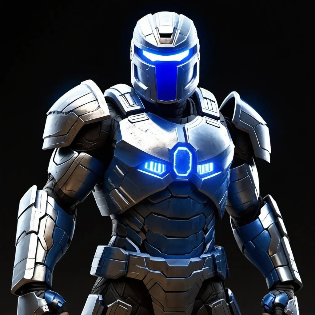 Prompt: Spartan-II Mjolnir armor, dragon theme, sleek and angular, mostly blue and white, glowing lights like on Mjolnir armor, heavy on the Halo influence, no horns, Mjolnir style helm with silver faceplate.