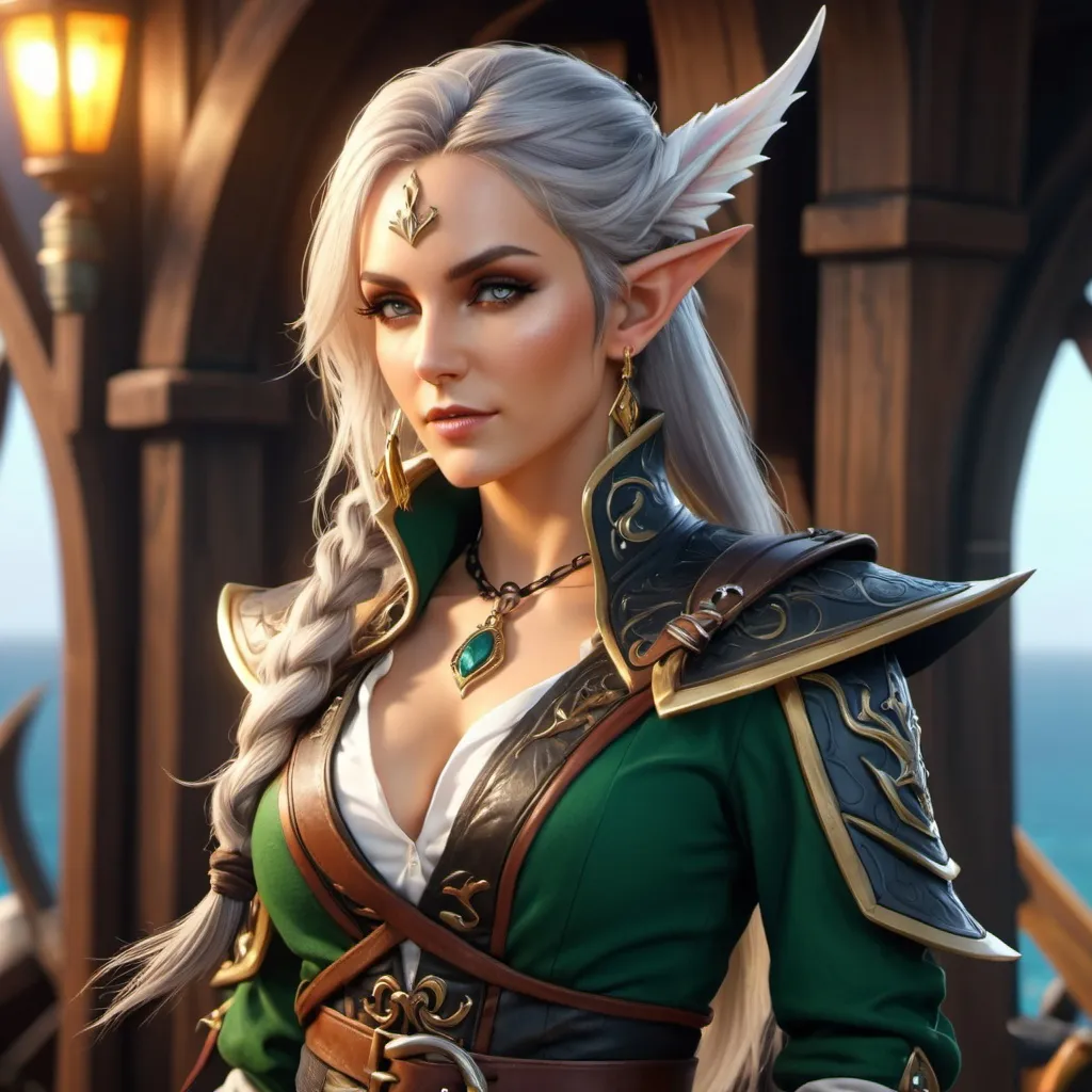 Prompt: 4k, full body, high elf fey warlock, pirate captain, female, beautiful, dangerous, alluring, deadly, arrogant, pirate leader, tough, fey, dragon tail, wyrmling perched on shoulder,