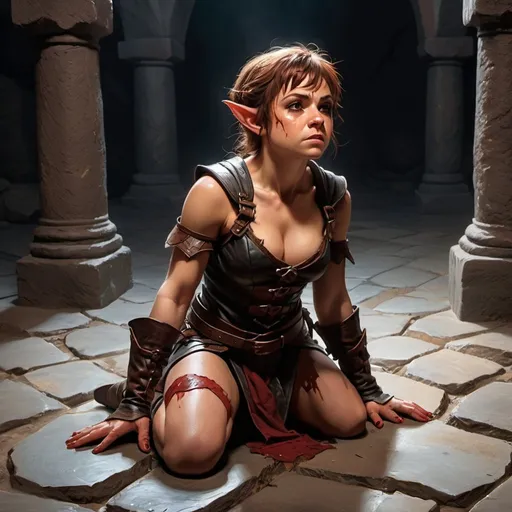 Prompt: a halfling woman dressed in leather kneels on a rough stone floor, she is bruised, and bloody, her hands are bound, she looks up pleadingly, a muscular half-elf looms behind her.