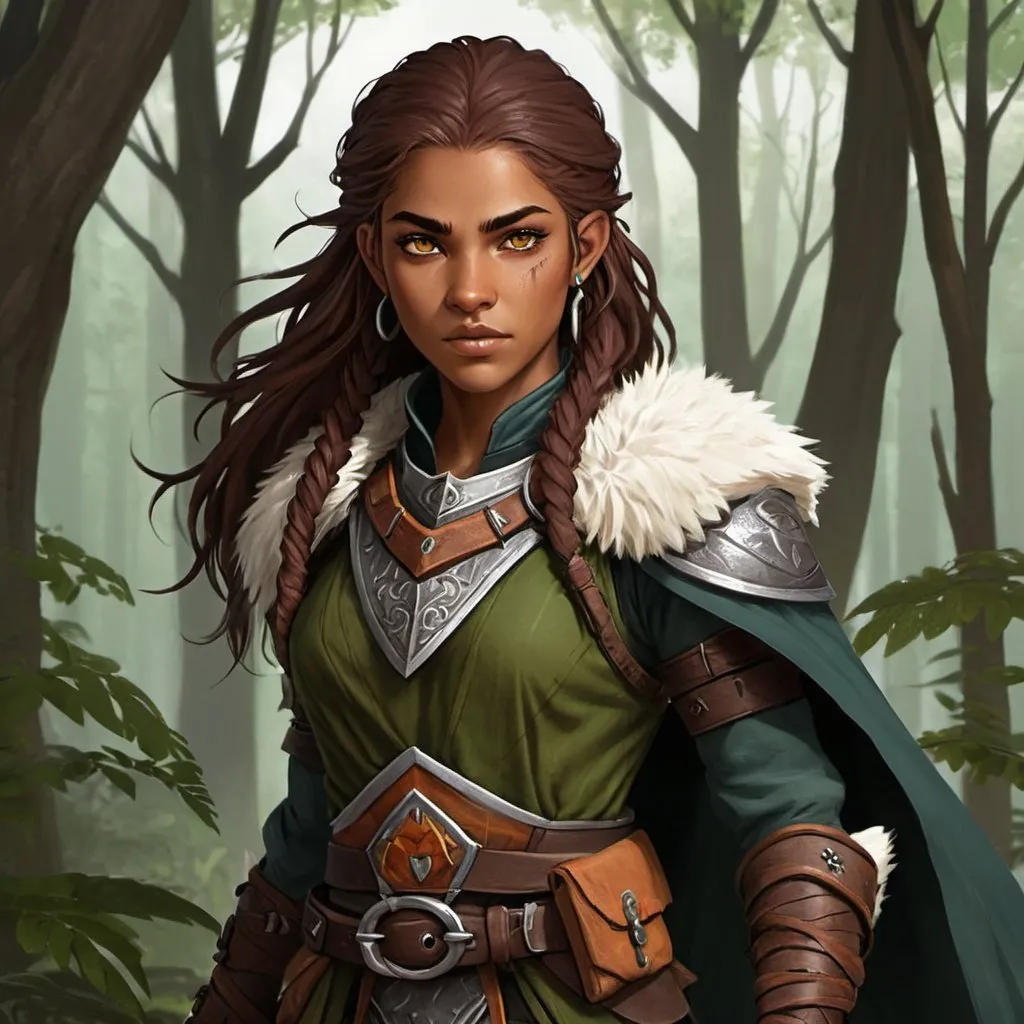 Prompt: The youngest daughter of Aelar Wolfsblood, the Lord of Wolves, is named “Du’arthra Wolftide." Du’arthra is known for her adventurous spirit and fierce independence. She often roams the forests surrounding Irontree, exploring the untamed wilderness of the Feywild and honing her skills as a ranger and tracker. Despite her free-spirited nature, Du’arthra remains fiercely loyal to her family and the city of Irontree, ready to defend it against any threat that may arise.