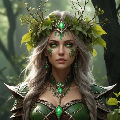 Prompt: full body "Create a detailed description of Vaelara, a vengeful archdruid/lich. Describe her as crowned with tangled vines and thorny branches, with glowing green eyes and a face marked by ancient runes. Wrapped in tattered leather armor and druidic robes adorned with dried flowers and bones, she wields dual sickles pulsating with dark energy. Her aura combines decay and growth, with ivy tendrils trailing behind her like spectral forest spirits."