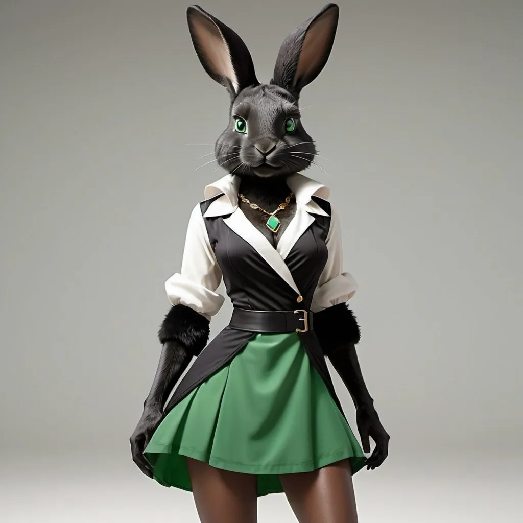 Prompt: A full body image of a female anthro rabbit, fantasy race, lean, sleek black fur, sharp eyes, low cut green dress over a white tunic, short skirt