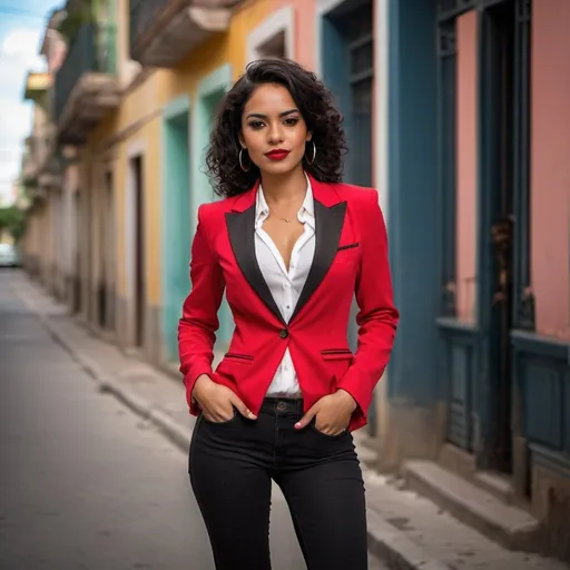 Prompt: Full body image, an attractive, darkly alluring, and confident Cuban woman in her mid-twenties, smirk, cocky and brash, lithe, trendy blazer, trendy red blouse, black slim fit jeans. Somewhat arrogant, mischievous. smoky makeup.