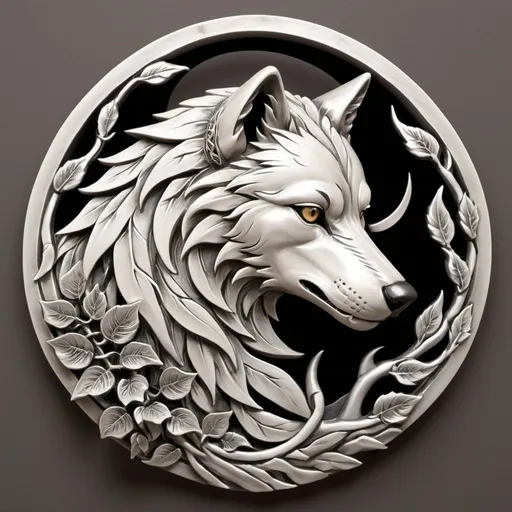 Prompt: Japanese-style house crest, a majestic wolf in profile standing proudly atop a rocky outcrop, its head held high and its gaze fixed firmly ahead. The wolf is depicted in shades of silver and gray, its fur bristling with vitality and strength. Surrounding the wolf are three intertwined vines.
The first vine its branches intertwining with those of the other two vines to form a solid foundation beneath the wolf's feet. The second vine its leaves resilient and unyielding even in the face of adversity. The third vine its tendrils weaving through the composition with a subtle elegance.
Above the wolf's head, a crescent moon hangs in the sky. 