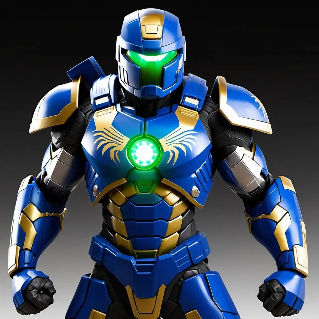 Prompt: Spartan-II Mjolnir armor, dragon theme, sleek and angular, mostly blue, white and gold accents, glowing green lights like on Mjolnir armor, heavy on the Halo influence, no horns, Mjolnir style helm with silver faceplate.