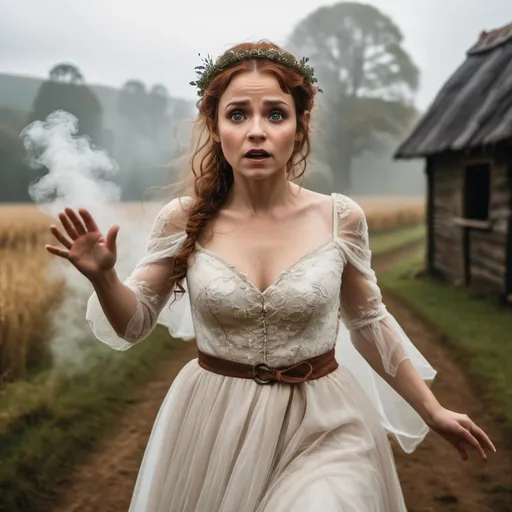 Prompt: a beautiful halfling woman in a rustic country wedding dress, transforming into mist, look of horror on her face, hand reaching towards the camera