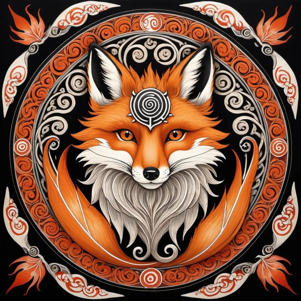 Prompt: Japanese painting, a cunning fox face with a mischievous grin, surrounded by a swirling pattern of nine tails forming a circular design. Each tail is intricately decorated with  foxfire flames. a background of intertwined vines and thorns. 
A more intricate and dynamic design with sharp angles and swirling patterns. The fox face has a slightly more aggressive look, and the tails are more elaborate, with detailed decorations. The runes are small but legible, forming a border around the emblem.