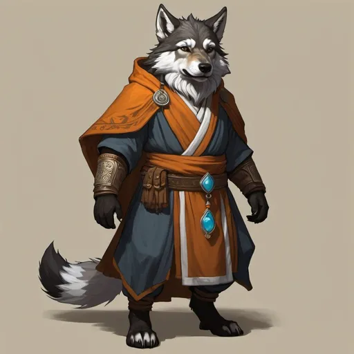 Prompt: A dwarf-wolf hybrid, bipedal, monk robes