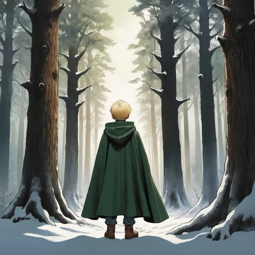 Prompt: The cover of a novel, a young boy with blonde hair and wearing a cloak facing down a forest of tall trees in the winter, imposing trees