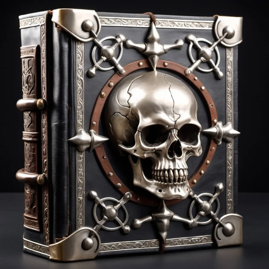 Prompt: a leather bound magical book encased mostly in metal with a skull trying to protrude through the metal on the front