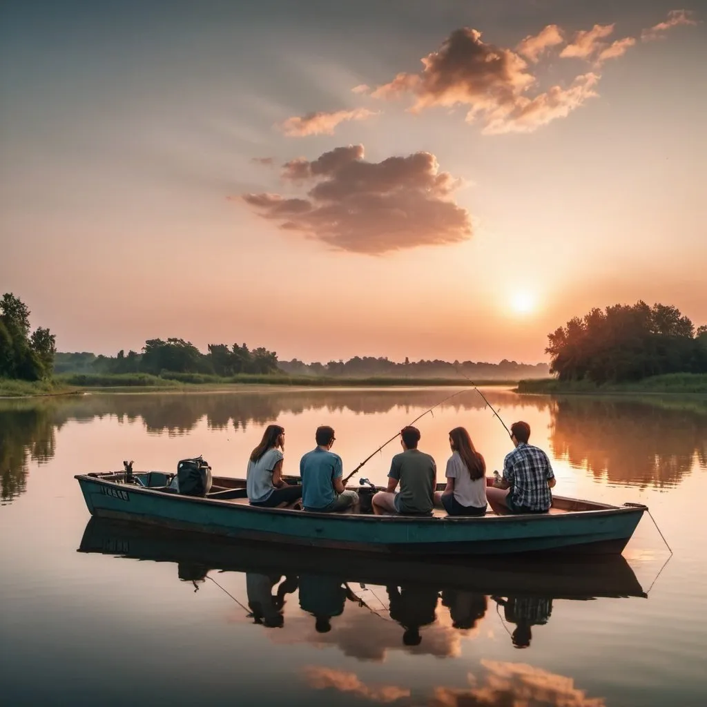 Prompt: 4 friends fishing on a boat, at a small lake, there is an island in the background. It is sunset