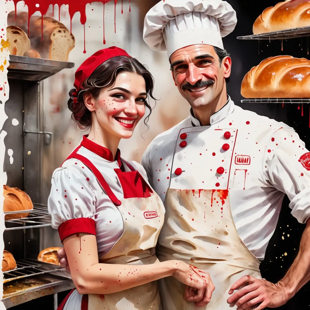 Prompt: digital watercolor painting, a woman and a man with no moustache  Italian baker smiling wearing the typical work uniform, paint splatter, black and red, bold brush strokes, art nouveau .the place is our oven with a lot of bread everywhere