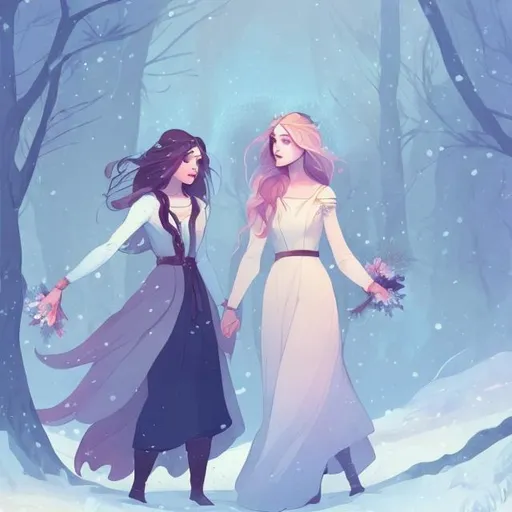 Prompt: Character: girl and a woman are standing in the snow with flowers in their hair and a butterfly flying over them, Charlie Bowater, romanticism, official art, a storybook illustration. winter qween and spring qween. 2D ILLUSTRATION vector minimalistic
art
