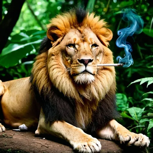 Prompt: Lion smoking in jungle
