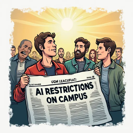 Prompt: bikin ilustrasi koran dg judul artikel "Dosen UGM Demo Menuntut Pembatasan AI di Kampus"