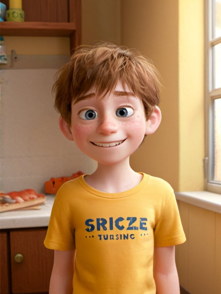 Prompt: Boy with brown hair and a diagonal fringe that covers one eye. White skin. Freckles on face. Smiling. Big smile. Yellow t-shirt