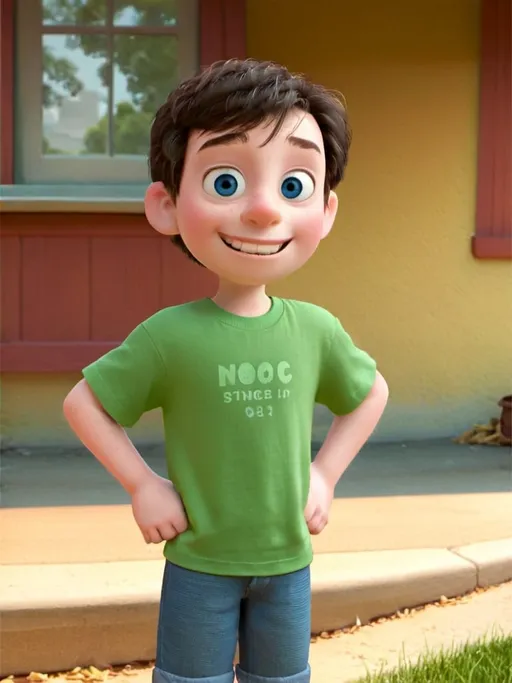 Prompt: Preteen boy with . dark brown hair down to the back of his neck. short fringe.  Blue eyes. white skin. no freckles. big smile and a round belly. green t-shirt