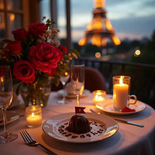 Prompt: Un restaurant romantique à Paris, en terrasse, avec vue sur la Tour Eiffel illuminée au crépuscule. La table est décorée avec des fleurs rouges (roses, pivoines), des bougies, et une nappe blanche. Un petit dessert élégant (comme un fondant au chocolat ou un macaron) est présenté sur une assiette, avec l’inscription en chocolat :
"Je t’aime Isabelle – de Olivier" en gros et met un pavion l'ile Maurice 
L’ambiance est chaleureuse, intime, avec des lumières dorées et un fond de Tour Eiffel floue mais reconnaissable.