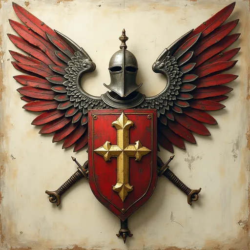 Prompt: A medieval coat of arms symbolised heroic, brawn with wings and swords
