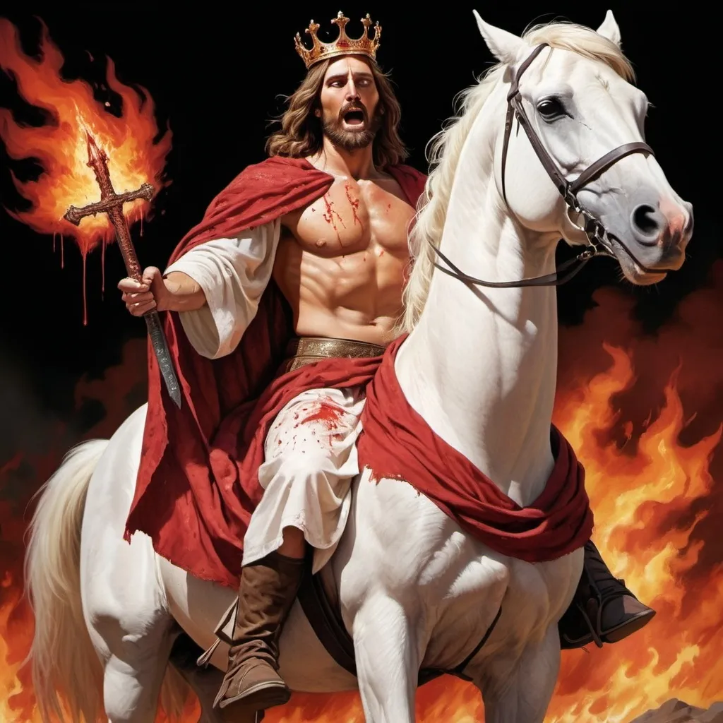 Prompt: buff jesus, riding a white horse, robes are covered in the blood of his enemies, blood is dripping from his robes, fire comes out of his eyes, flames shoot out of his eyes, his eyes are on fire, a sharp sword is coming out of his mouth, hes wearing many crowns on his head, there is a tattoo on his thigh that reads "King of Kings, Lord of Lords" it's also on his robes.