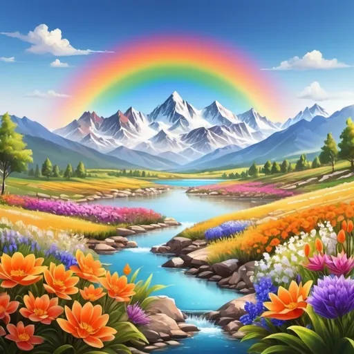 Prompt: Natural landscape with flowers no pots or bases color variety with water body add a touch of orange more details less blurry more close up some mountains bright rainbow  colors 