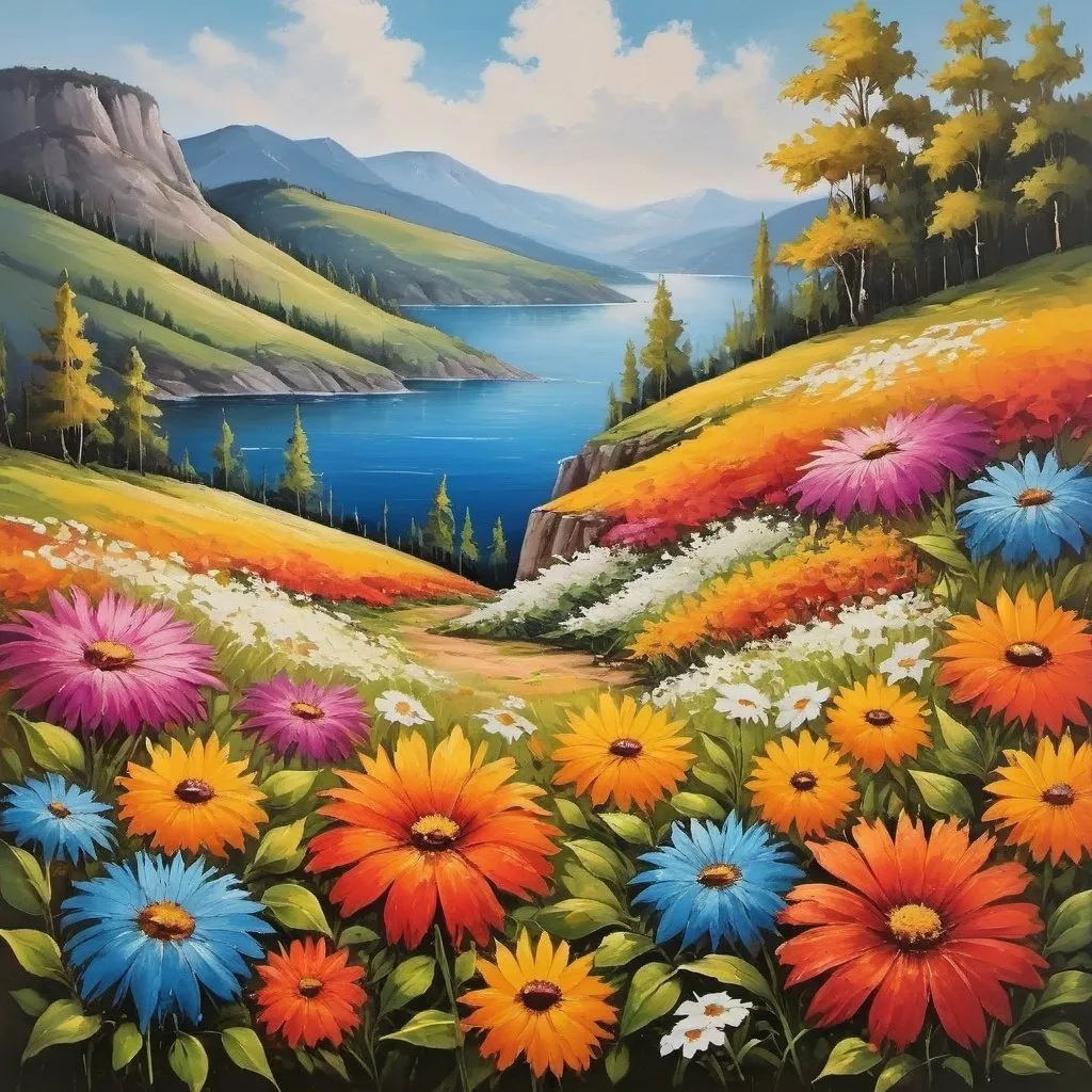 Prompt: A beautiful bright and colorful scenic natural flower painting no vases or pots
