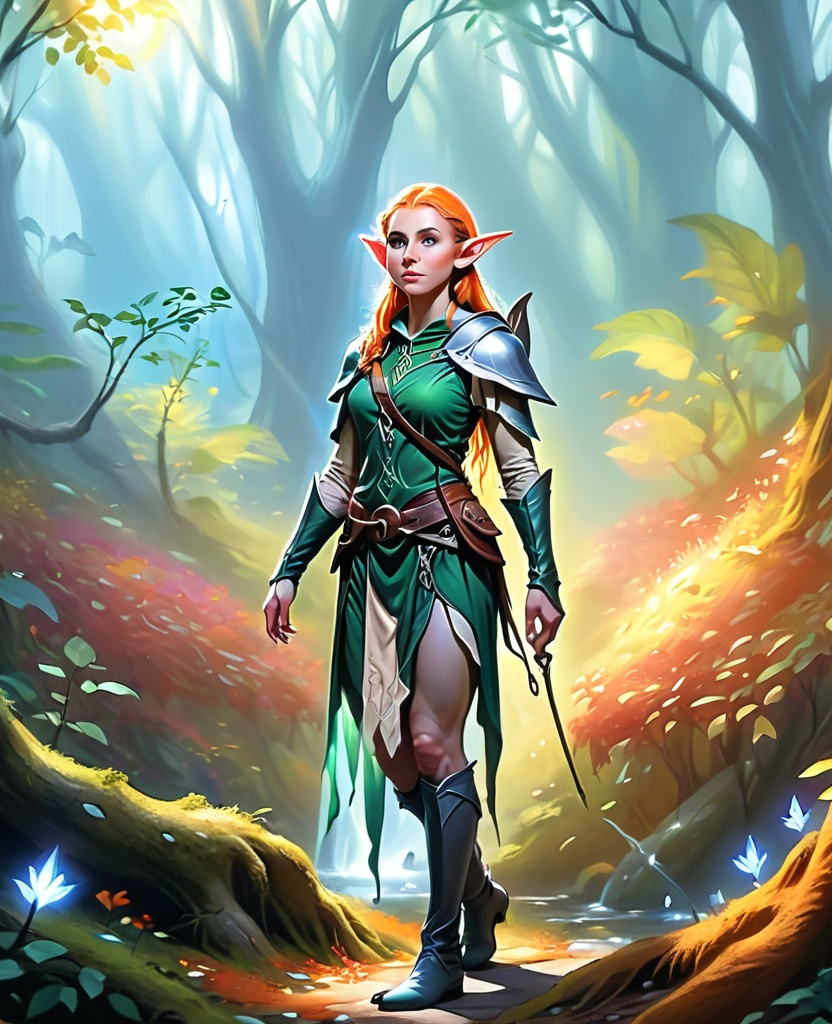 Prompt: Elf ranger in a mystical forest around sunlight
