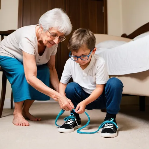 Prompt: a grandmother with glasses doing the shoelaces of her grandson
