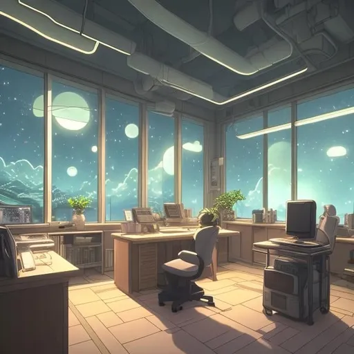 Prompt: cozy doctors office at night in a futuristic setting studio ghibli