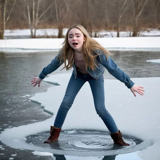 Prompt: Frozen Pond Accident: A teenage girl's afternoon takes a shocking turn as she fell suddenly through breaking ice into a frozen pond. Her soaked skinny bluejeans clinging shining wet to her legs, she's completely submerged in icy water and have to swim, to prevent from drowning. her expression a mix of shock and alarm. Icy tendrils lap at her thighs as she frantically strokes her arms wildly, desperate to regain footing, seen from behind look like sabrina carpenter