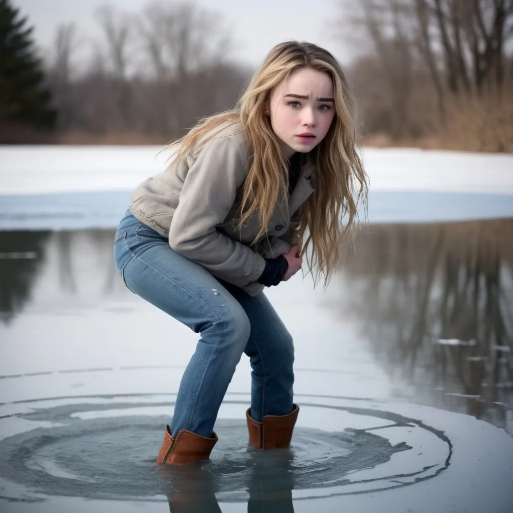 Prompt: Frozen Pond Accident: A teenage girl's afternoon takes a shocking turn as she fell suddenly through breaking ice into a frozen pond. Her soaked skinny bluejeans clinging shining wet to her legs, she's completely submerged in icy water and have to swim, to prevent from drowning. her expression a mix of shock and alarm. Icy tendrils lap at her thighs as she frantically strokes her arms wildly, desperate to regain footing, seen from behind look like sabrina carpenter