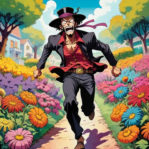 Prompt: (Mihawk running away from flowers), expression of terror, whimsical and humorous scene, vibrant colors, lush garden background filled with exaggerated flowers, playful and lively atmosphere, high detail and quality, (ultra-detailed), conveying intense emotion and comedic absurdity, lighthearted pose celebrating the unexpected fear of nature.