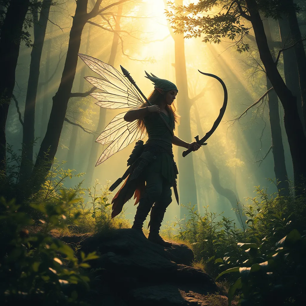 Prompt: Elf ranger in a mystical forest around sunlight