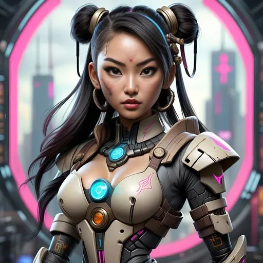 Prompt: Asian women cyberpunk warrior inspired victorious destiny with hourglass background ultra realistic
