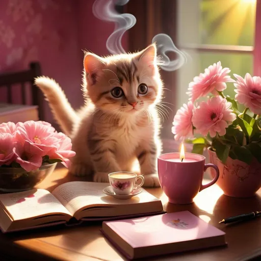 Prompt:  flowers, steaming coffee cup, sun rays, kitten, book, candle, pen, watch, glass fruit bowl, pink wallpaper, cinematic lighting