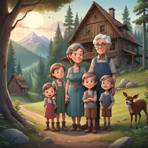 Prompt: Grandmother and four grandchildren cartoon on a homestead on the side of a mountain in a mystical forest 3 boys a girl and the grandmother
