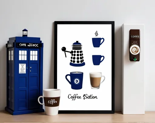 Prompt: Create wall art graphic for my home coffee station, coffee bean, coffee related with Dr Who theme maybe including tardis, sonic screwdriver, nespresso machine, nespresso pods, minimalistic, neutral colors. A4 size