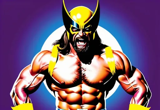 Prompt: Macho Man Randy Savage as Wolverine, comic book style, vibrant colors, intense expression, muscular physique, adamantium claws, dramatic lighting, superhero costume, retro, vintage comic book, professional art, dynamic pose, high quality, vibrant colors, intense lighting, detailed muscles, powerful, iconic, iconic crossover, classic superhero, vintage comic book style, larger than life