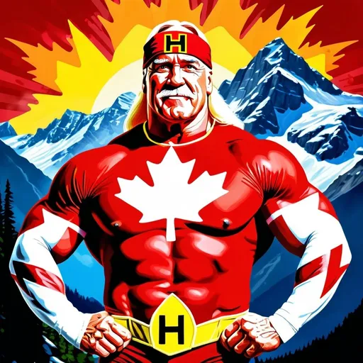 Prompt: Hulk Hogan as Canadian superhero, digital painting, iconic maple leaf emblem, rugged mountains in the background, vibrant and bold colors, larger than life presence, muscular physique, larger than life, heroic, vibrant colors, digital painting, powerful stance, professional, bold, dynamic lighting. Red and white 