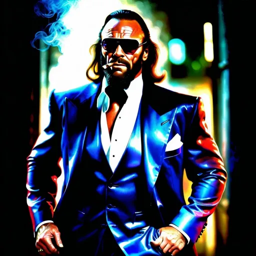 Prompt: Macho Man Randy Savage as a mob boss, oil painting, muscular physique, tailored suit, slicked-back hair, intense expression, cigar in hand, dimly lit back alley, dramatic lighting, high contrast, oil painting, detailed facial features, high quality, classic, dramatic lighting, dark tones, atmospheric