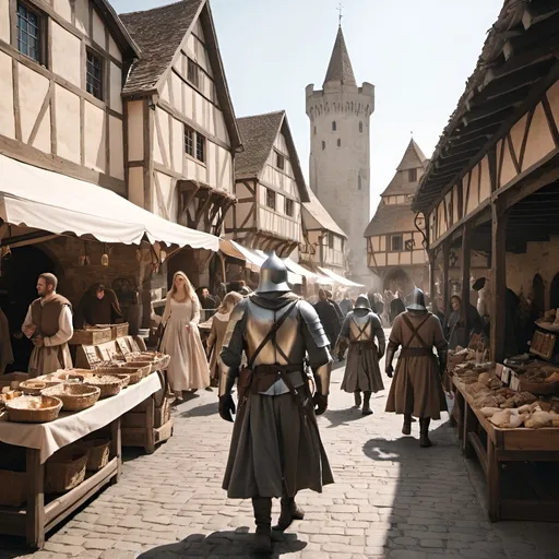 Prompt: USA soldier walking through medieval village market bustling with medieval people 