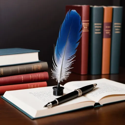 Prompt: ink feather pen on desk with books