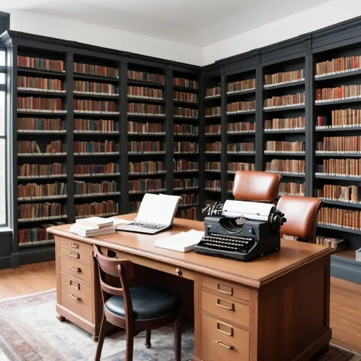 Prompt: modern library with typewriter on a desk