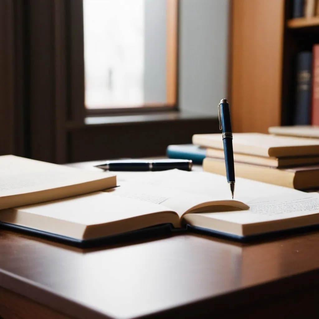 Prompt: pen on desk with books