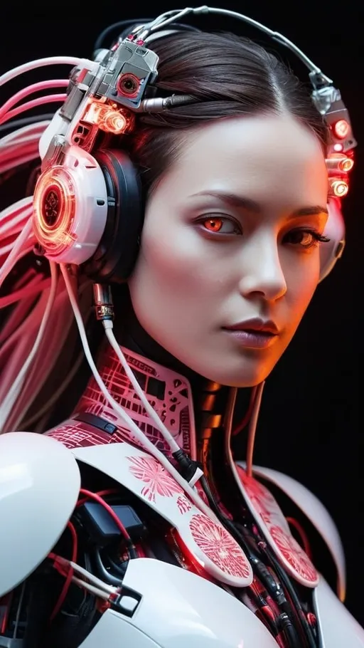 Prompt: A lady figure that appears to be of women with open straight hair, light smirk expression. The figure's face is partially covered with advanced cybernetic components, including wires and mechanical parts, giving it a cybernetic appearance. 

Key details include:
- A striking, glowing pink eye with a mechanical iris, emphasizing the synthetic nature of the figure.
- The skin is pale and appears to be cracking, revealing intricate machinery beneath.
- The figure’s left side of the face is heavily augmented with visible mechanical parts, cables, and glowing red elements.
- The hair is long, white, and flowing, adding a contrast to the mechanical aspects.
- The attire includes a dark, possibly traditional garment with floral patterns, suggesting a fusion of futuristic and traditional elements.
- The overall color palette is dominated by whites, blacks, and reds, enhancing the sci-fi aesthetic.

This combination of human and machine elements creates a powerful image that reflects themes of cybernetic augmentation and futuristic technology.