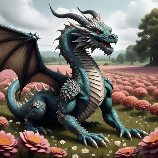 Prompt: a realistic macabre style of a powerful maractite dragon sitting in a field with thousands of flowers, dragon art, a picture