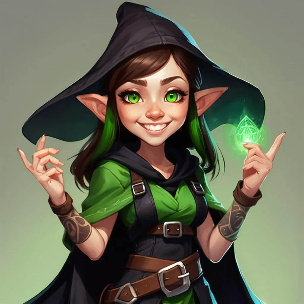 Prompt: Hey can you make me an image of a DND 5e with bright green tattoos along her arms and a long black cloak that make her look almost roughish. She is a gnome with brown hair and brown eyes. I wide smile that's almost childish but also creepy. 