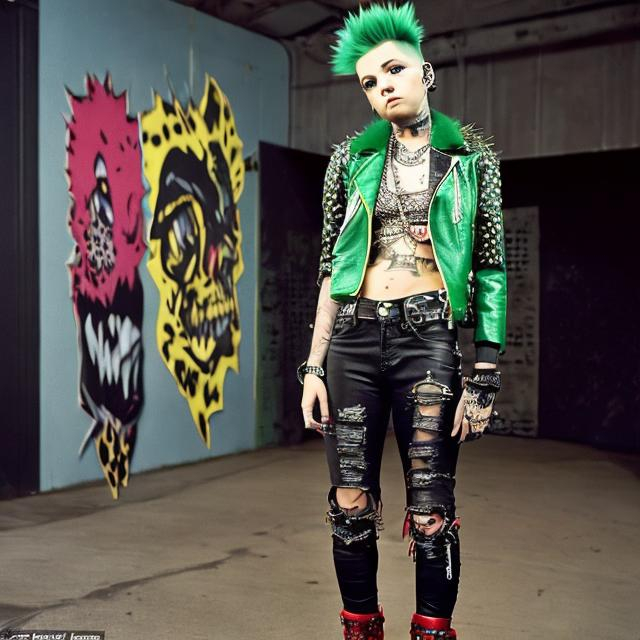 Prompt: a punk girl with a green mohawk, with leopard tattoo on the head, with a spiked bright yellow leather collar, with a black spiked leather jacket and a big white and red leopard backpatch, and with one sleeve green and the other red. With a torn jeans with two spiked belts. Wears boots with a spiked leather belt around one ankle. The girl shown from behind with her head to the left